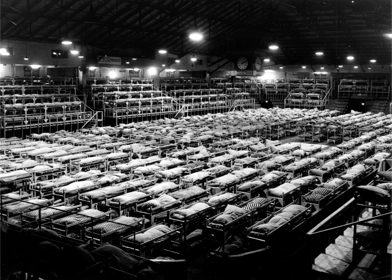 A temporary men’s dormitory for Japanese men at the Pacific National Exhibition in 1942.