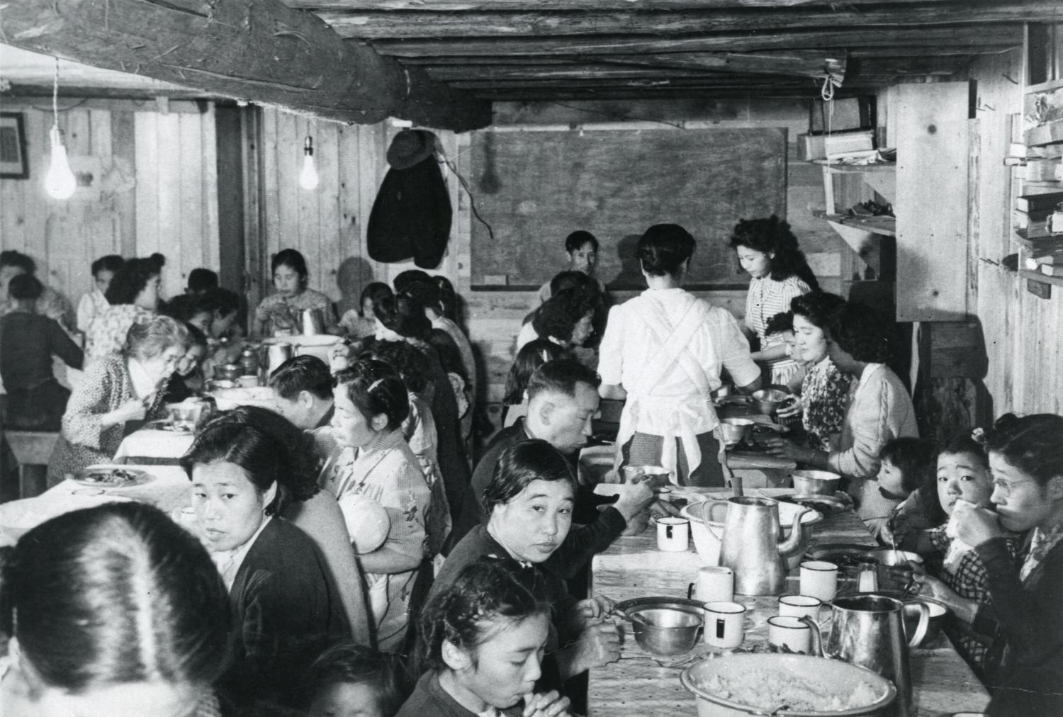 Group photograph in dining hall in Slocan Camp
