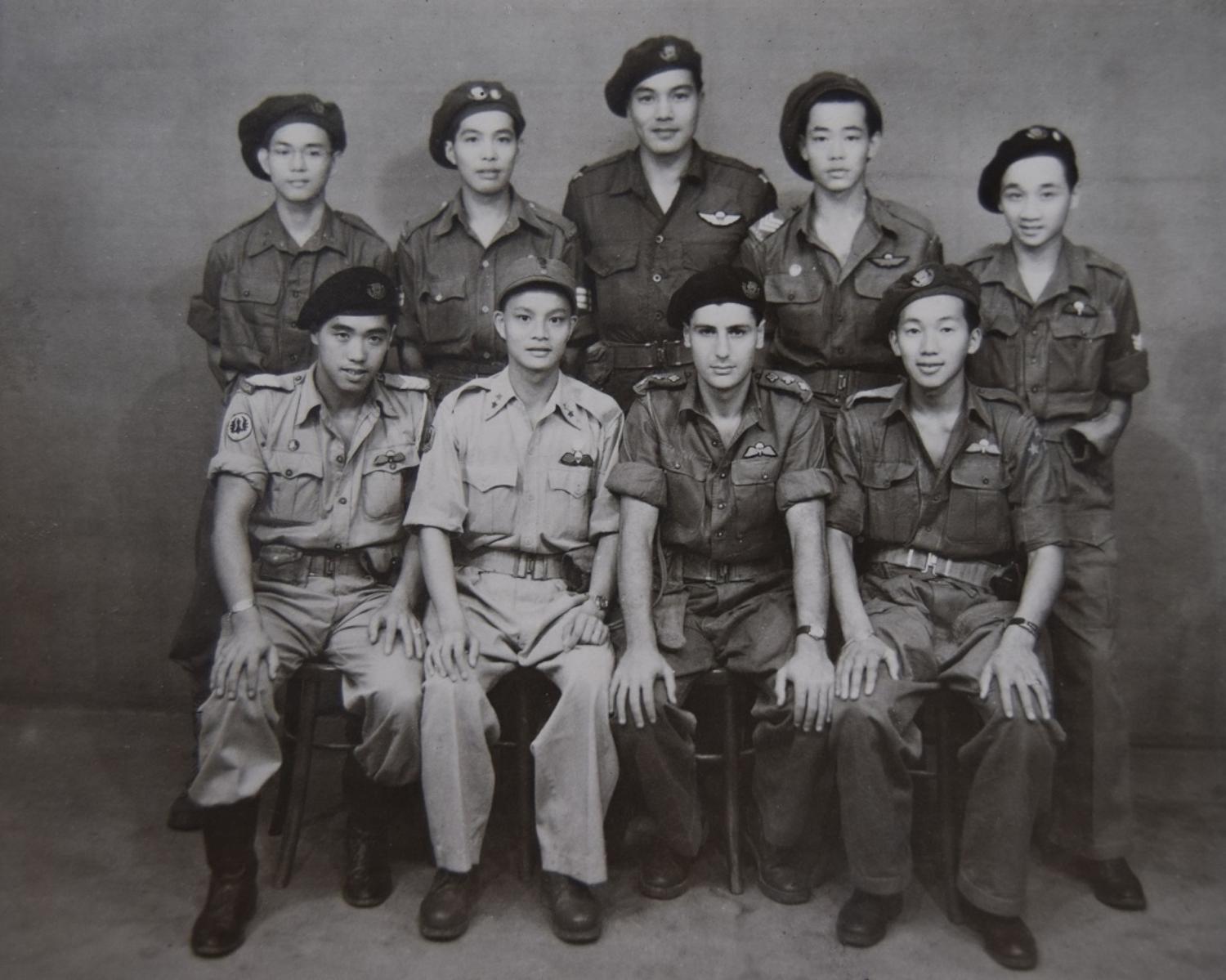 Photo of Force 136 members and others in Kuala Lumpur, in 1945. Back row (left to right): Unknown soldier, Bing Lee, Ernie Louie, Harry Ho, Bill Lee. Front row: Ted Wong, Chinese Nationalist soldier, Mike Levy, Henry Fung.