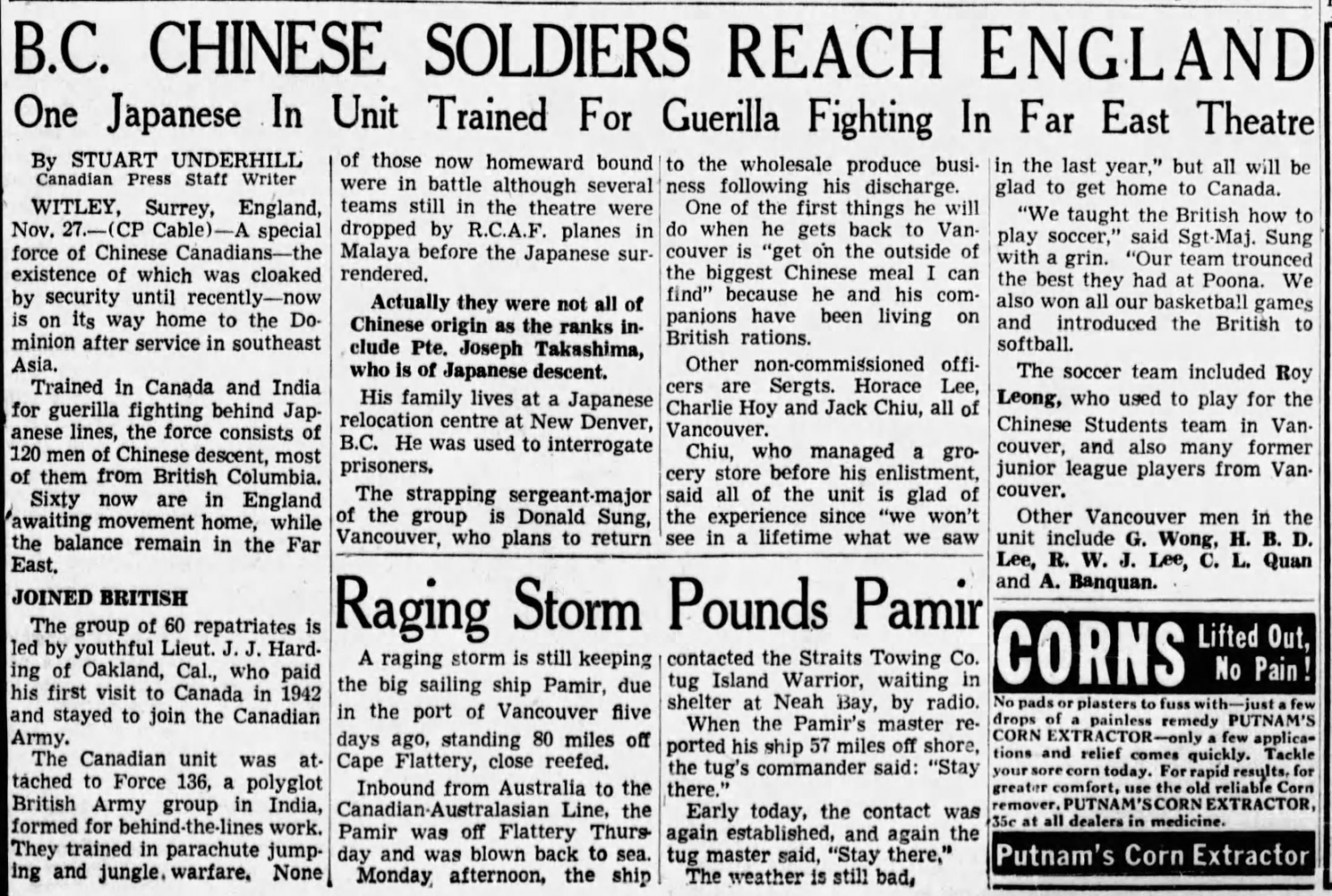 A 1945 article from The Province about Force 136 and a Japanese young man who fought for Canada while his family was interned overseas.