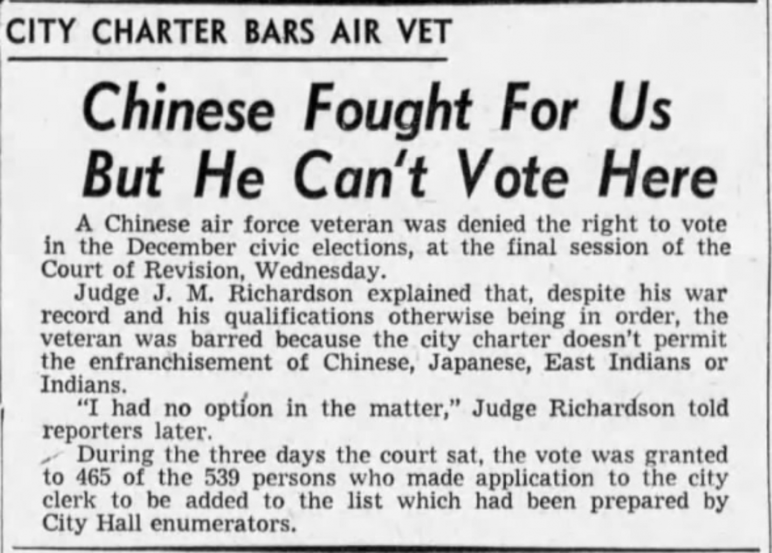 Newspaper article on Chinese WWII veteran in Vancouver denied the right to vote in 1946.