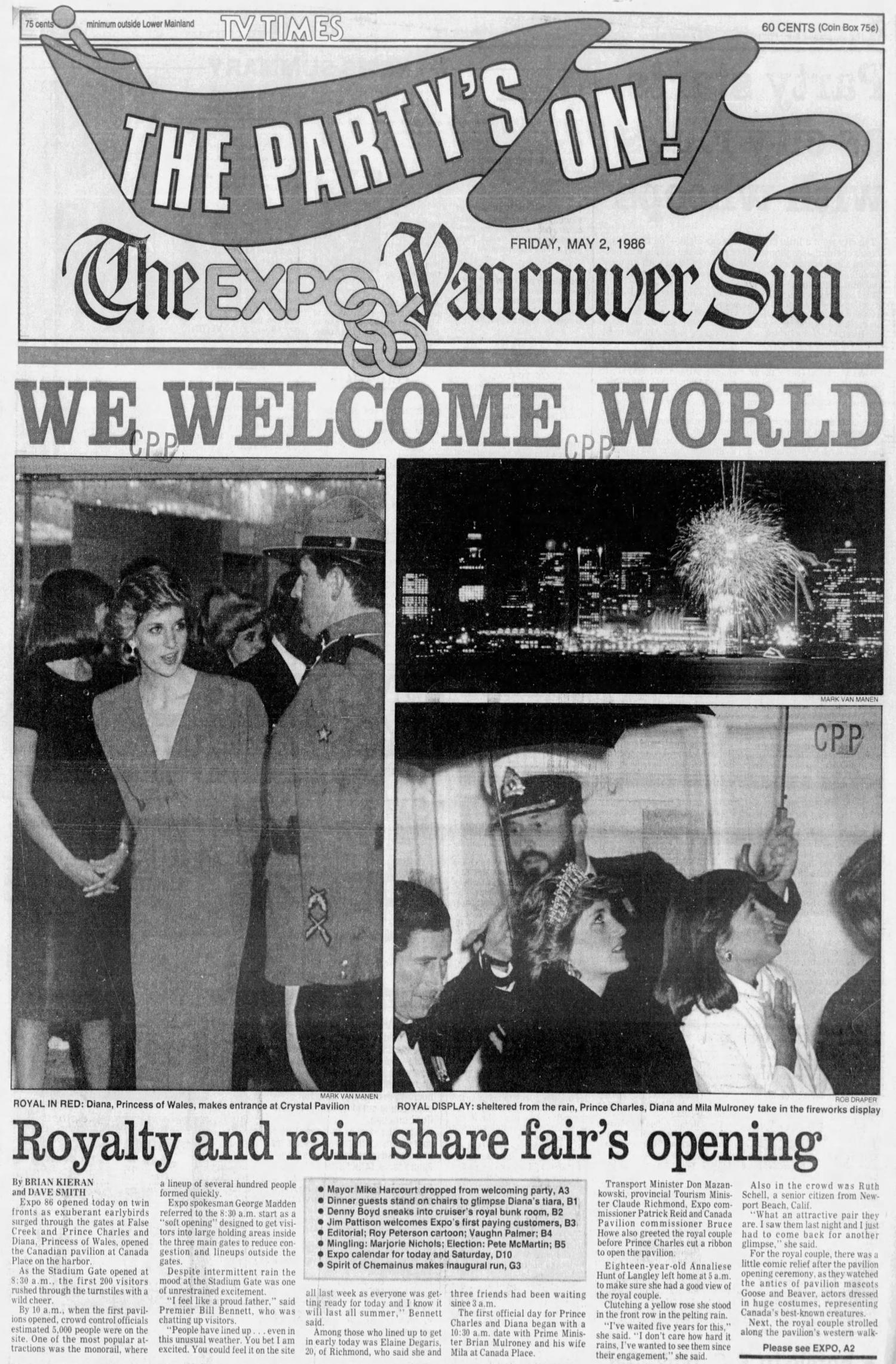 Front page of Vancouver Sun covering kick off of Expo 86.