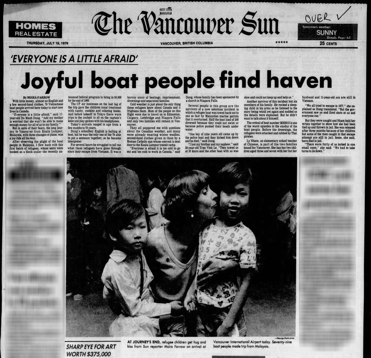 Front page about arrival of Vietnamese refugees in Vancouver in July 1979.