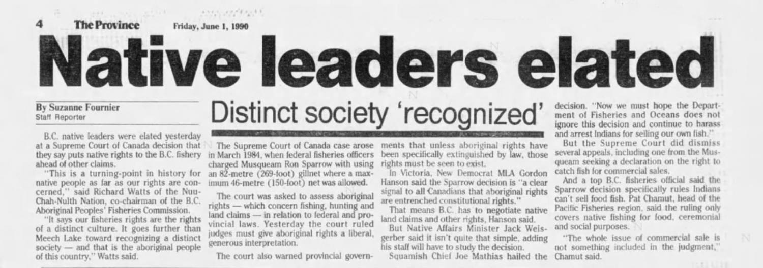 Article on the 1990 Sparrow decision by the Supreme Court.