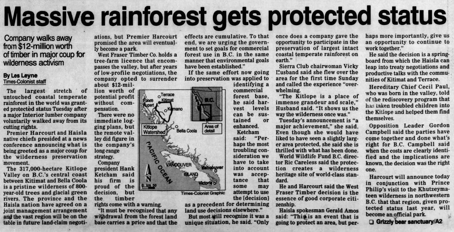 Article on the protection of the Kitlope Valley from logging.