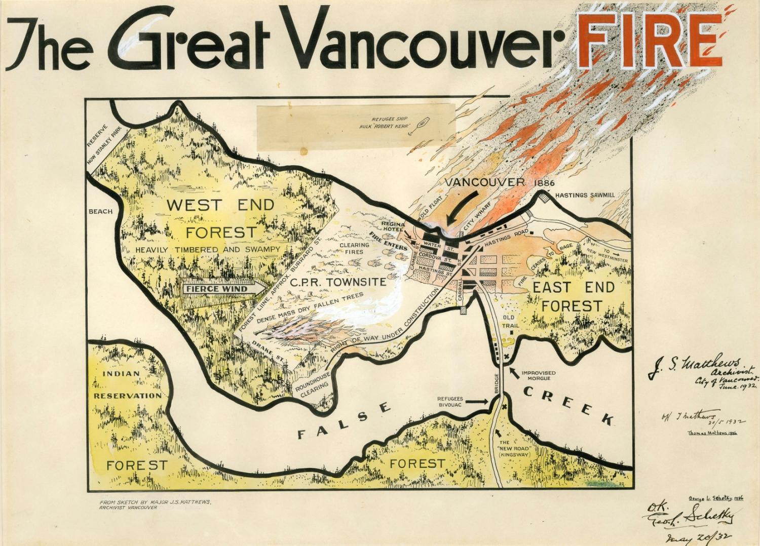 A drawn map of the Great Vancouver Fire.
