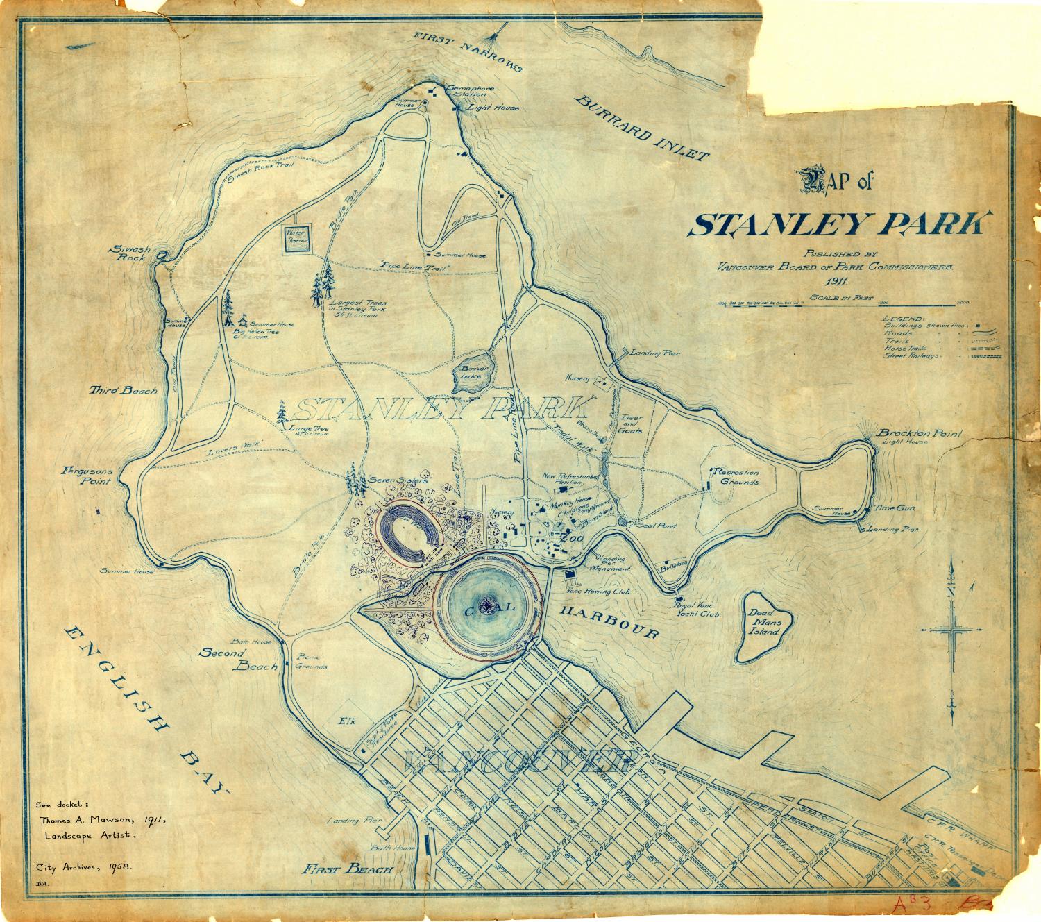 Published map of Stanley Park in 1911, which has been annotated to show a proposed redevelopment plan for the western portion of Coal Harbour (currently Lost Lagoon) and surrounding area.