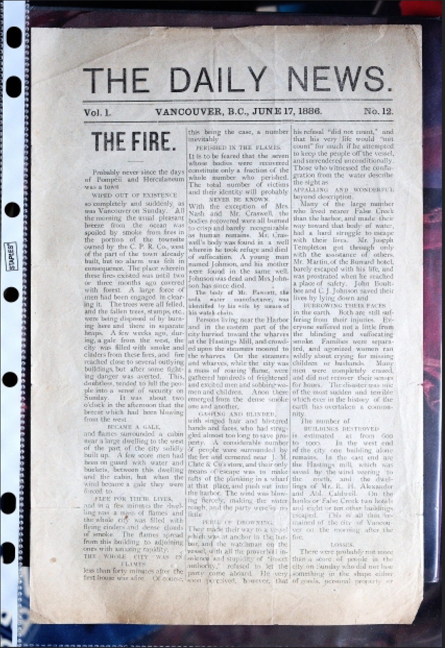 A two-page edition of the Vancouver Daily News published four days after the Great Fire.