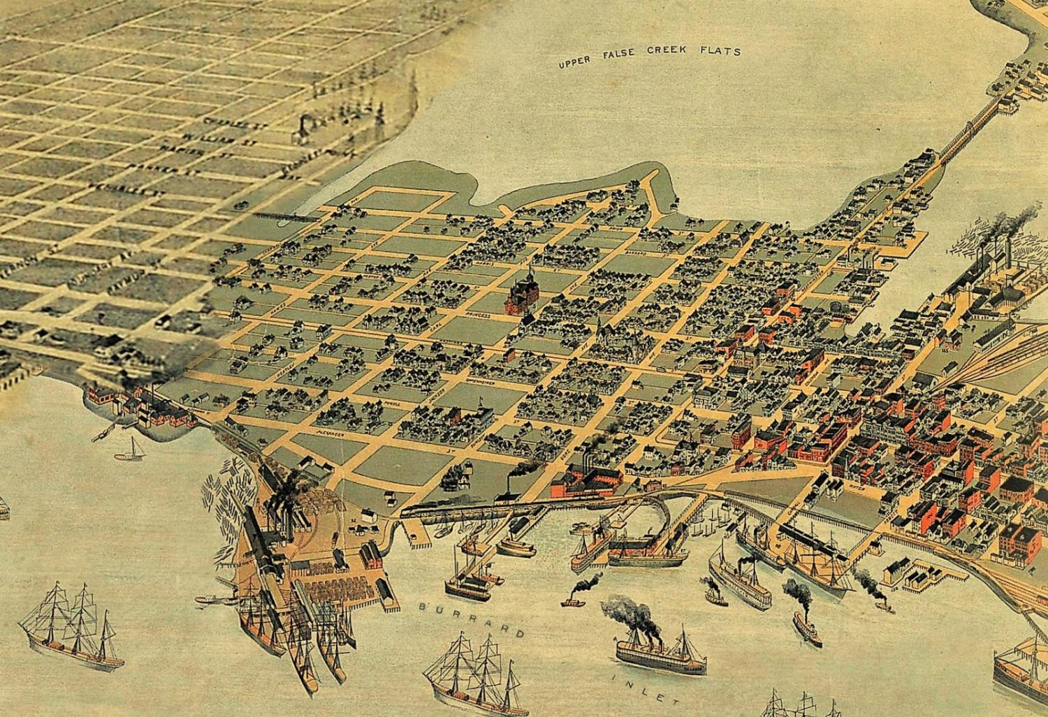 Section of bird's-eye view map of Vancouver in 1898; it focuses on the area near Hastings Mill.
