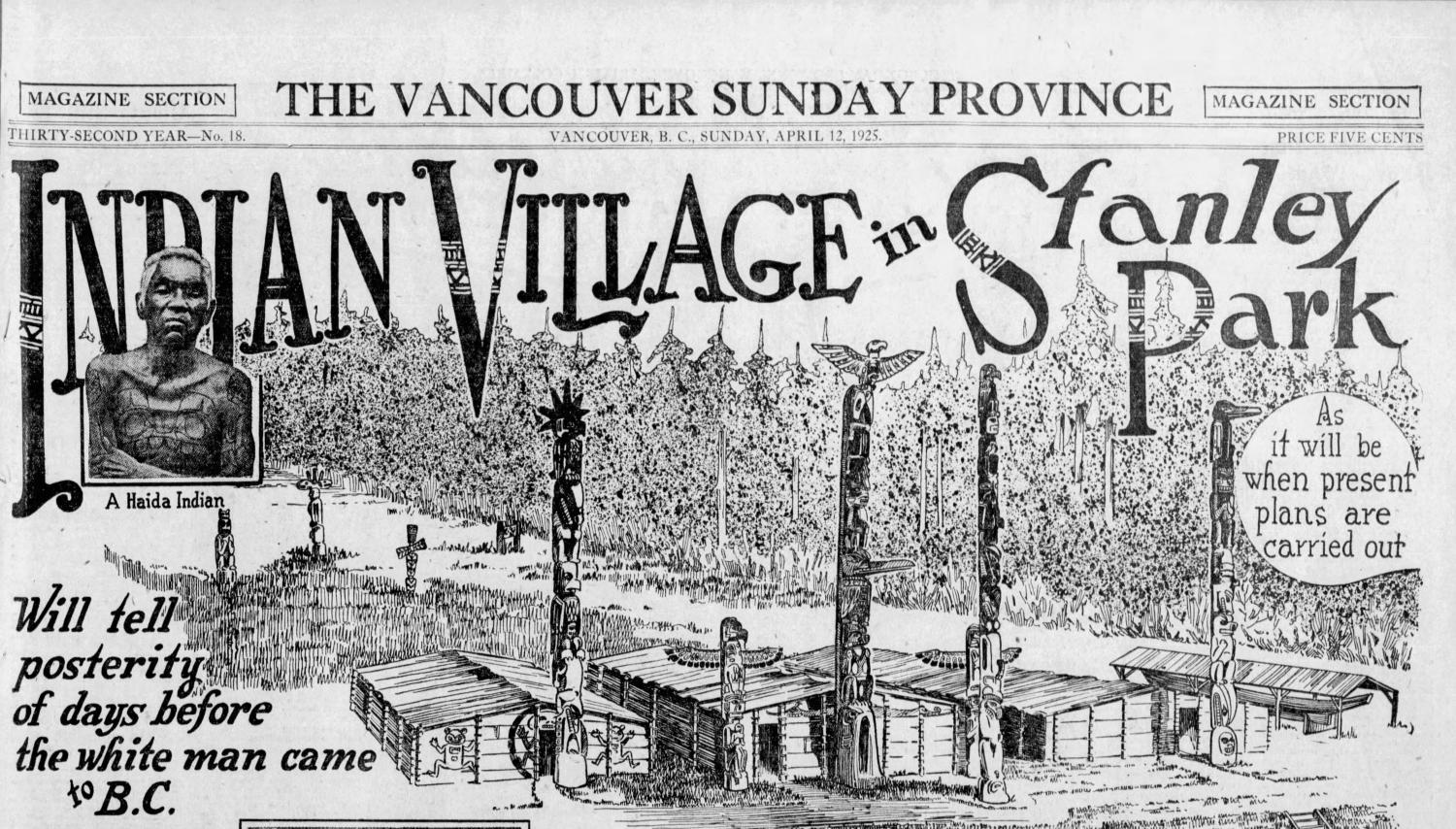 Feature story on the planned “Indian village” replica in Stanley Park in 1925.