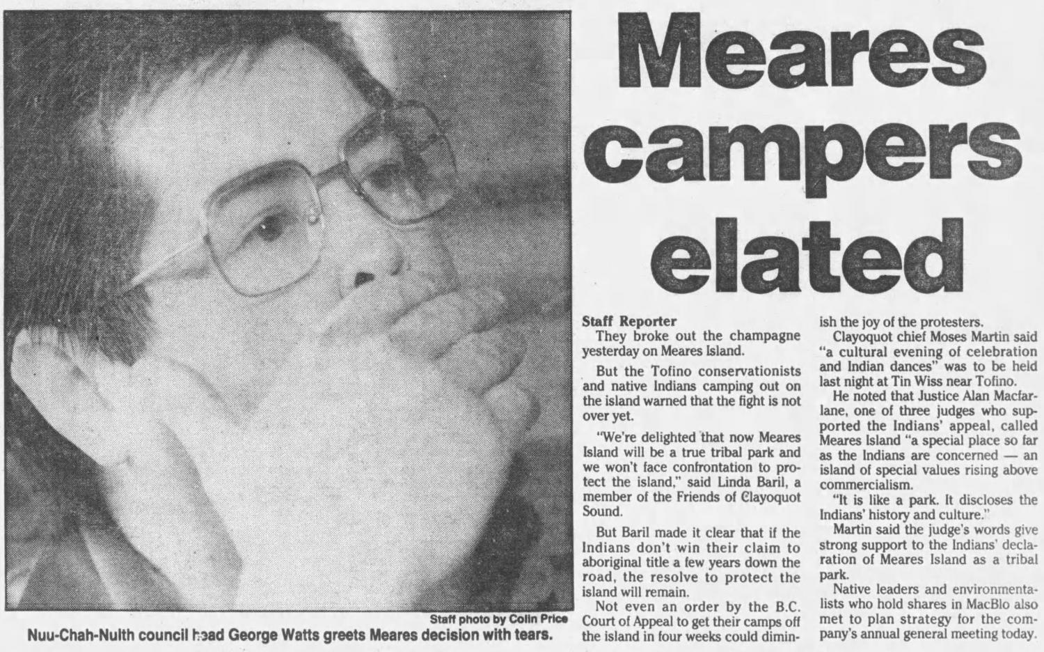 Newspaper article on B.C. Supreme Court of Appeal ruling curtailing logging on Meares Island in March 1985.