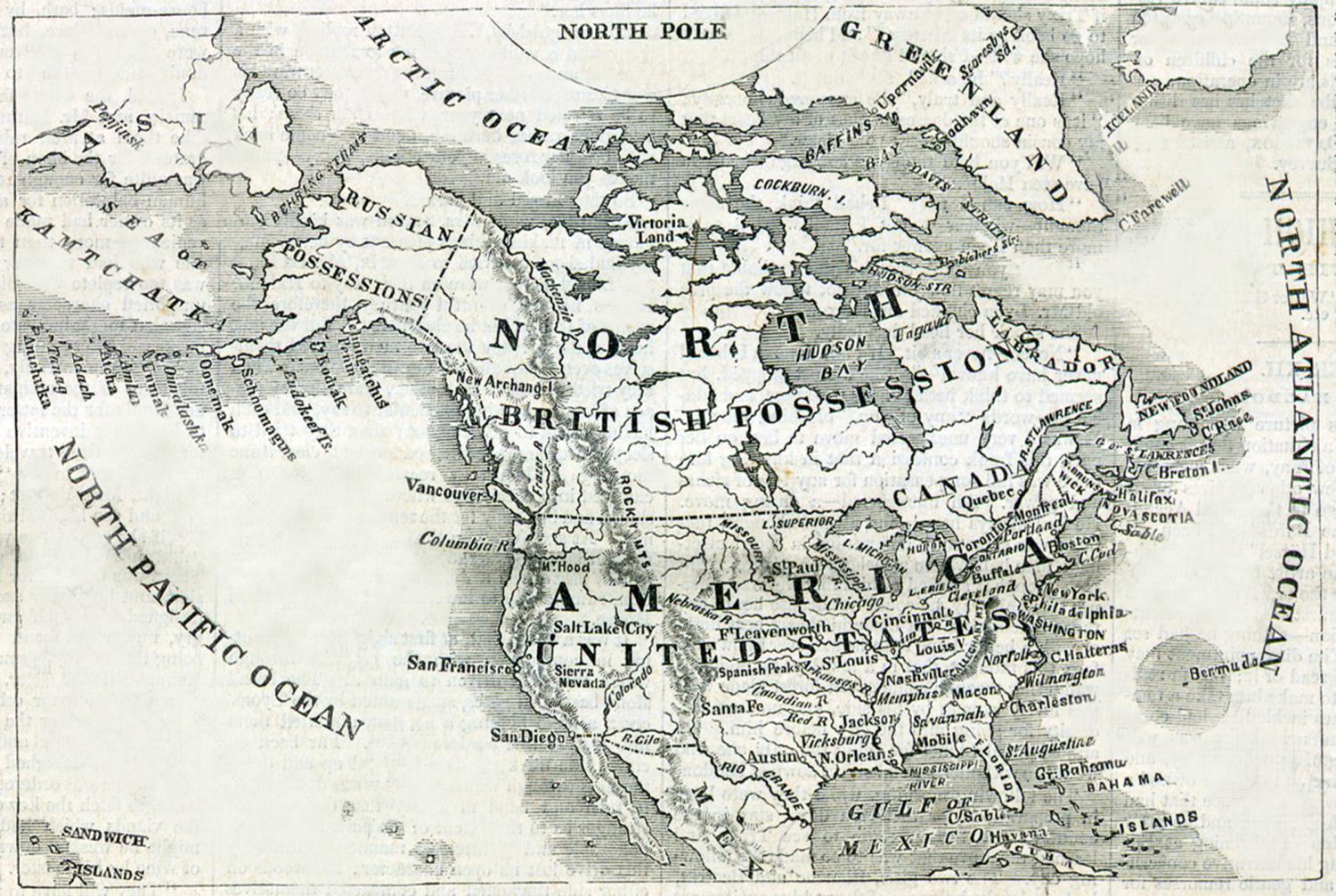 A map of North America right before the Alaska Purchase