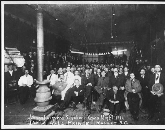 Longshoremen at the IWW hall in Prince Rupert on Christmas night, 1911.