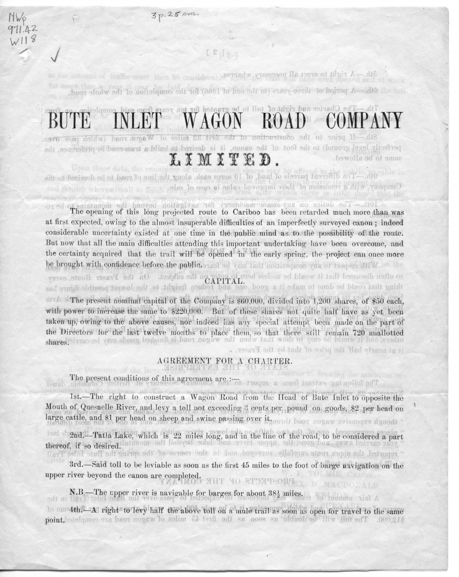 Prospectus of the Bute Inlet Wagon Road Company Limited