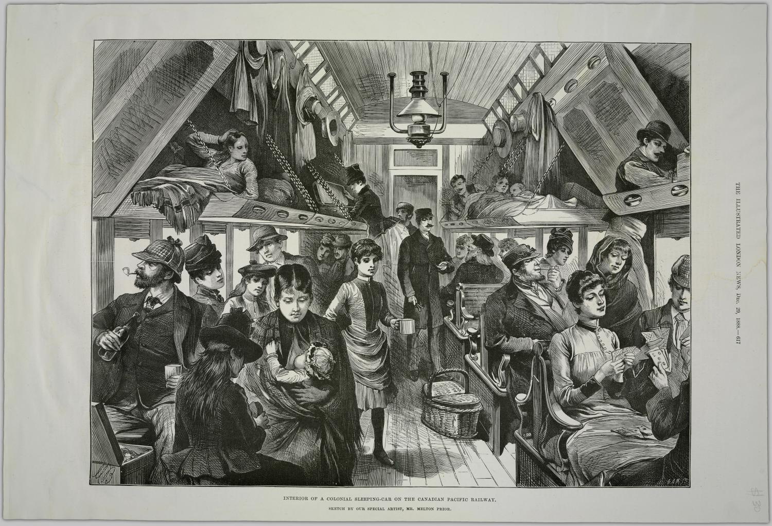 Interior of train car of white immigrants on a Canadian Pacific Railway