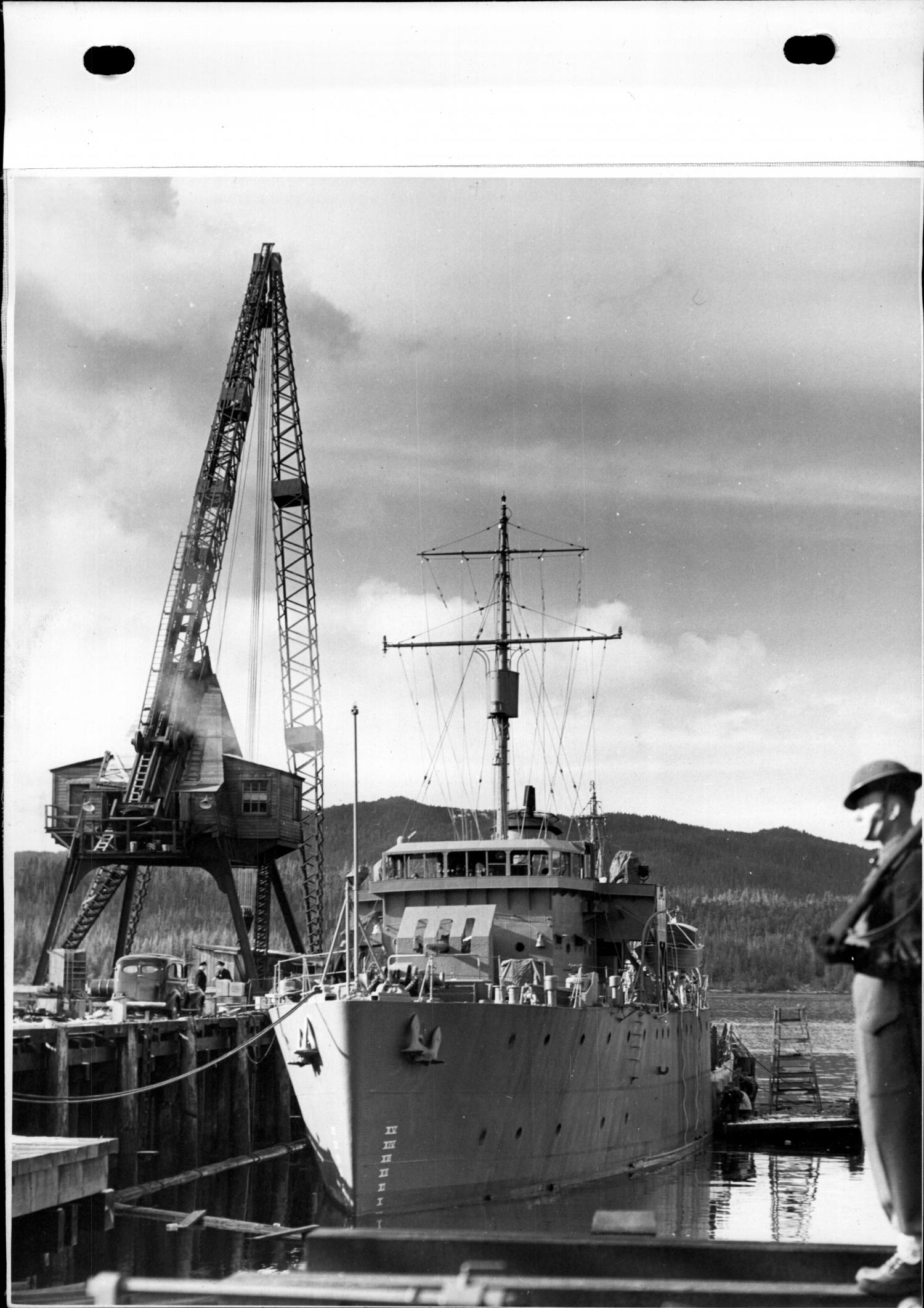 Newly constructed naval vessel at Prince Rupert’s drydock in 1942.