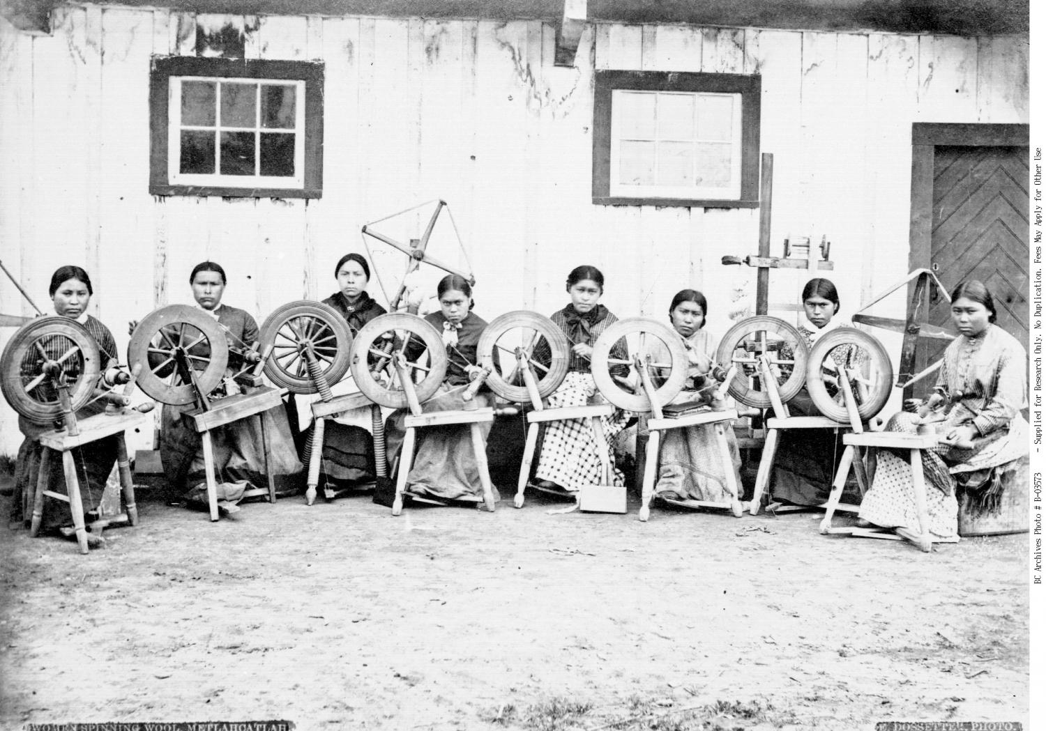 Indigenous women spinning wool in front of a white wall.