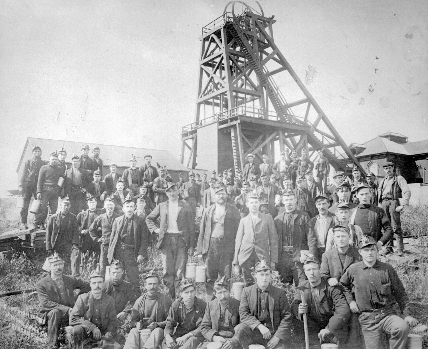 Group of Nanaimo coal miners at the pithead.
