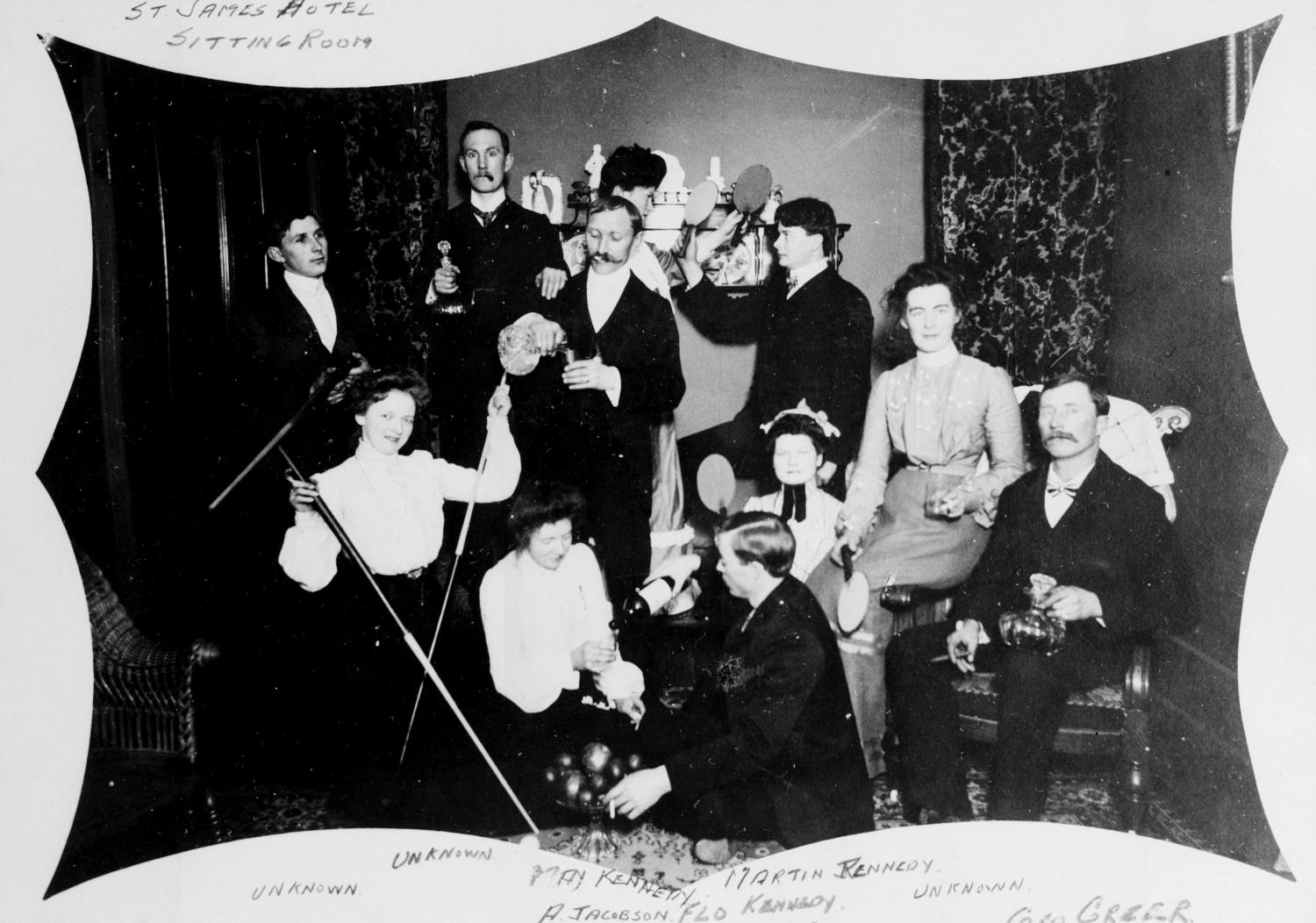 A rather merry group in the sitting room of the St. James Hotel, New Denver.