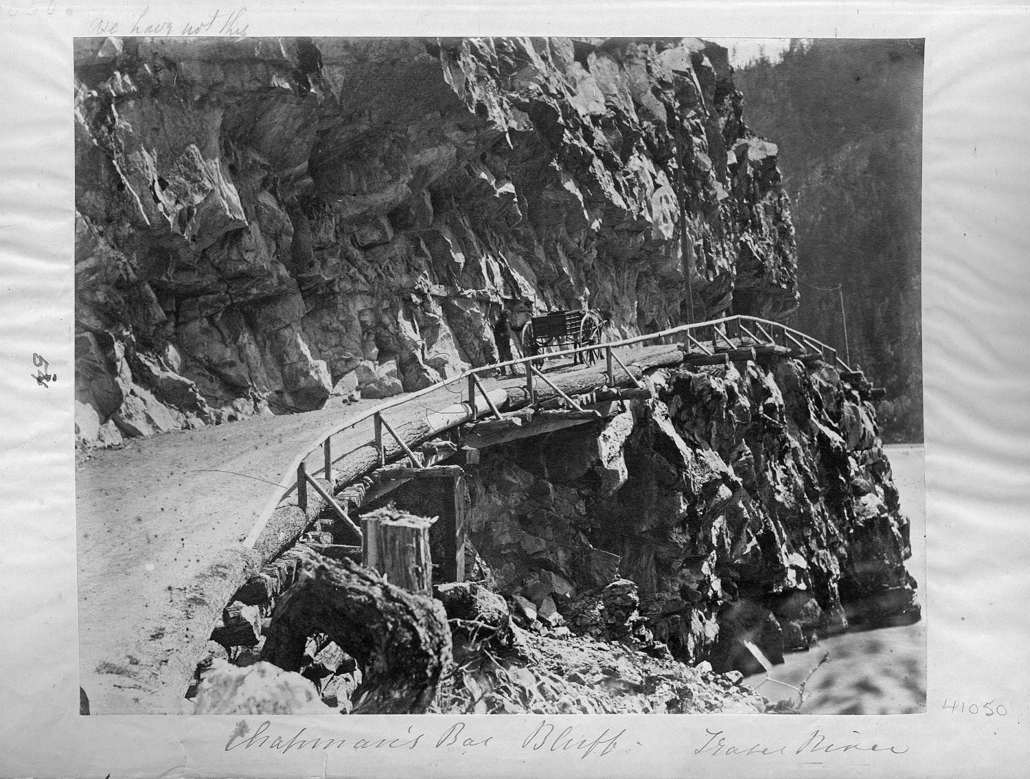 Black and white photo of Chapman's Bar Bluff, Fraser River (Cariboo Wagon Road) circa 1866-1870.