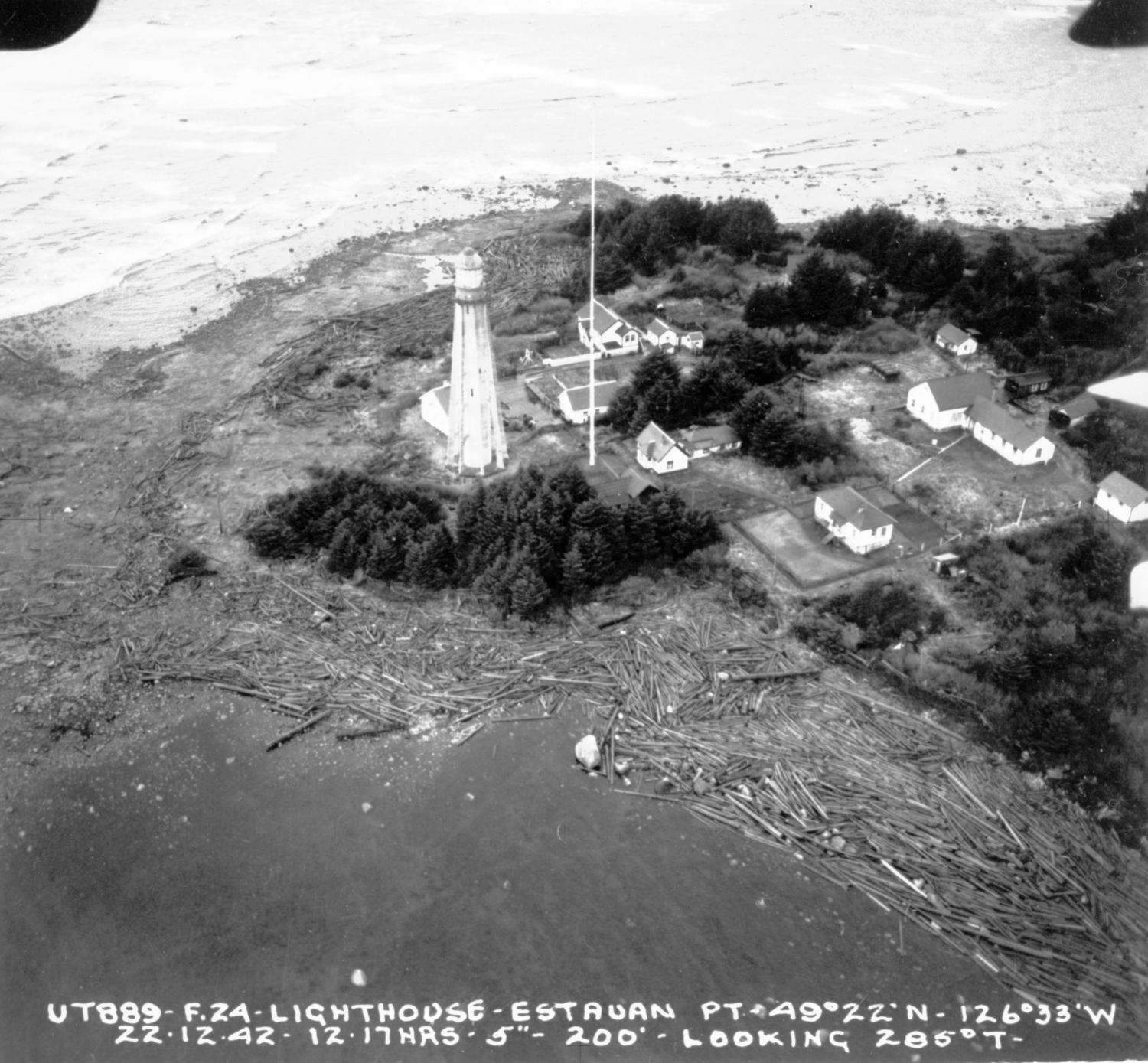 Aerial view of Estevan Point Lighthouse and wireless station.