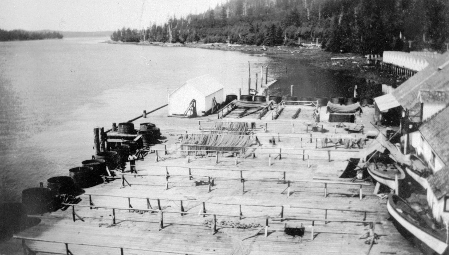 The main working dock connected the main cannery buildings, and was a site of much activity throughout the cannery season. It was here that a fresh catch was unloaded to be processed. Fishermen used the space for net maintenance and boat repair.