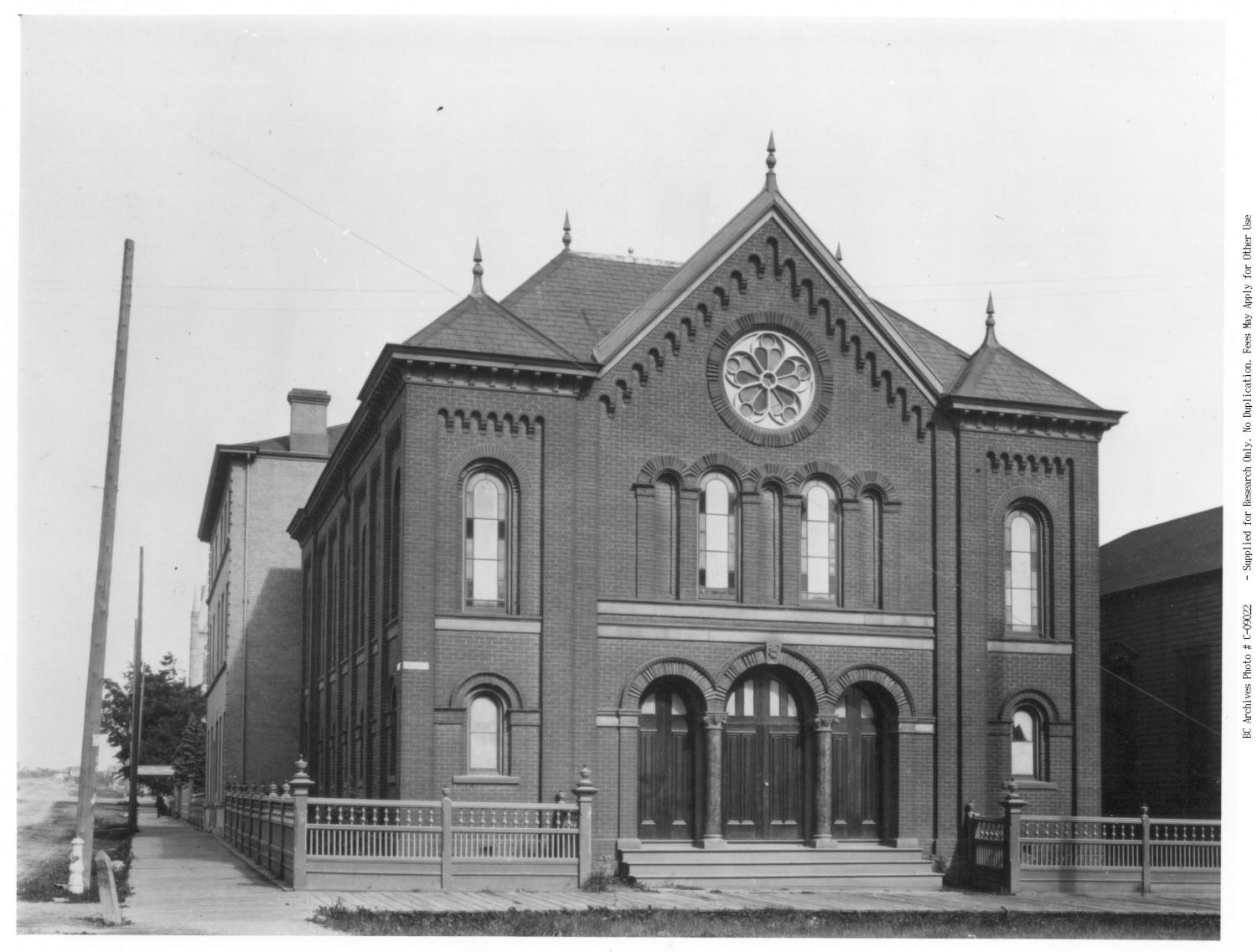 Temple Emmanu-El, the first synagogue in Western Canada, at the southeast corner of Pandora and Blanshard Streets.