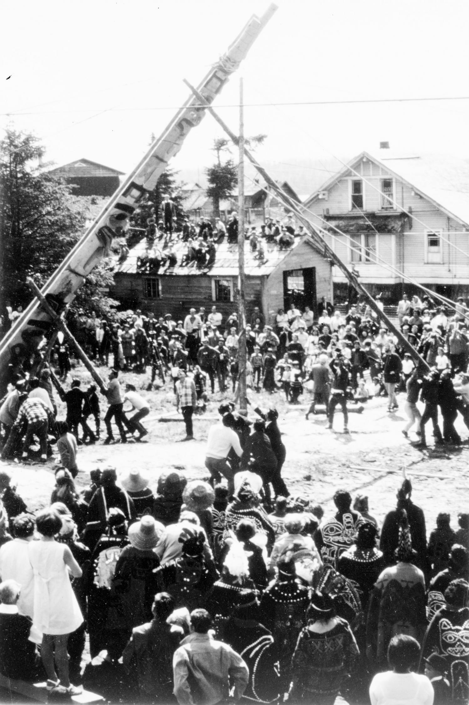 Masset residents raise Robert Davidson's pole Mother Bear on Aug. 22, 1969.