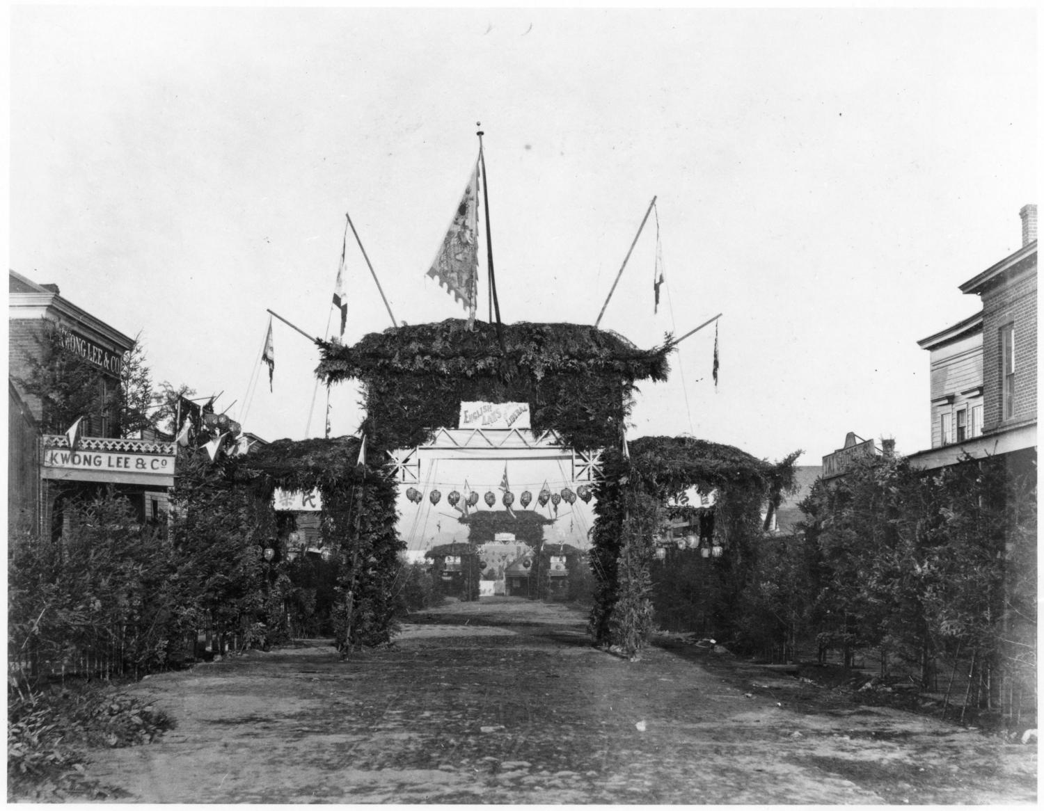 Second Chinese Arch on Cormorant Street Erected for visit of the Earl of Dufferin, Governor-General of Canada. Photographer/Artist: Dally, Frederick, 1838-1914. 1866-1870. BC Archives E-01926.
