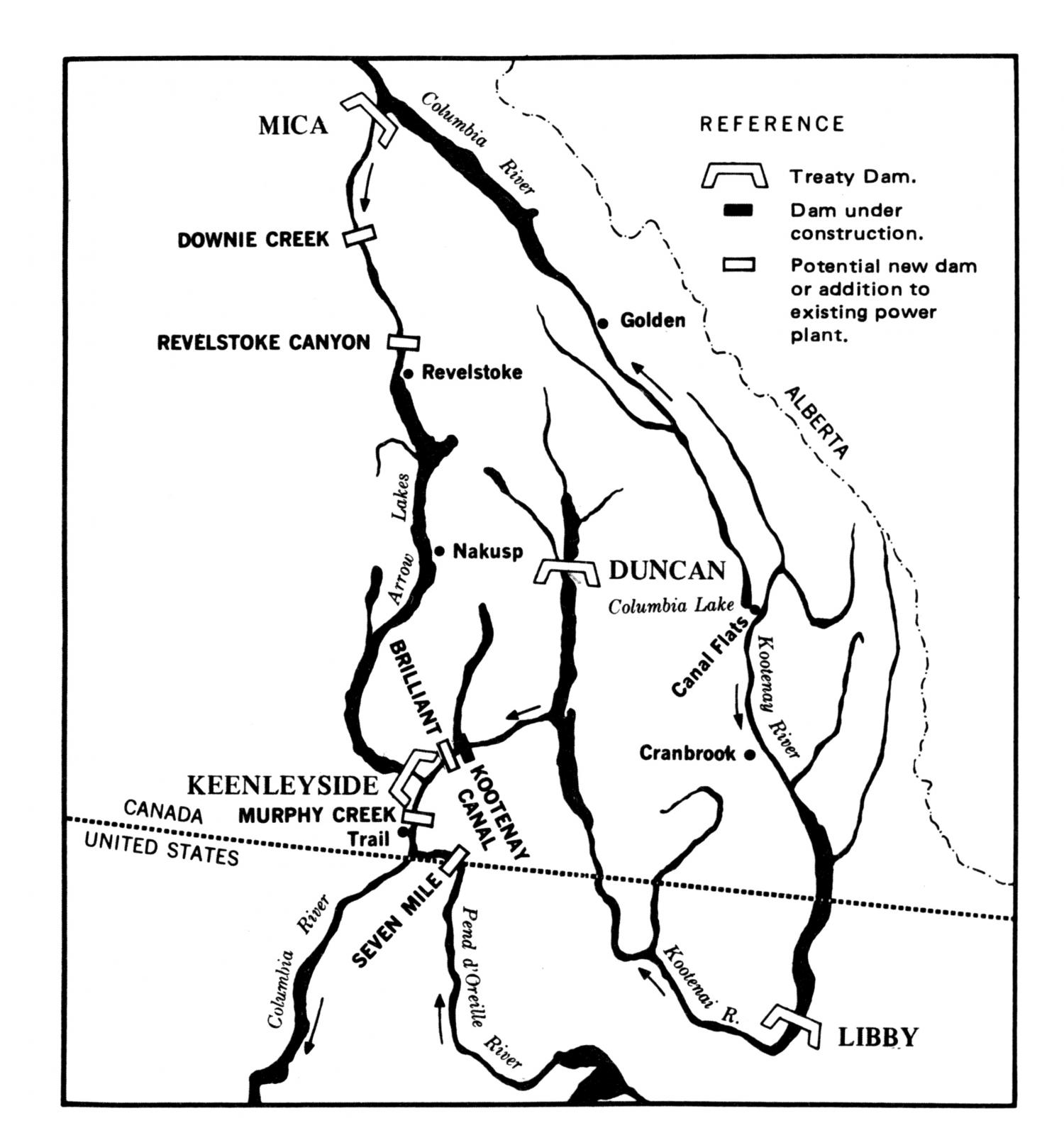 Map of dams along the Columbia River, in Canada and Northeast Washington