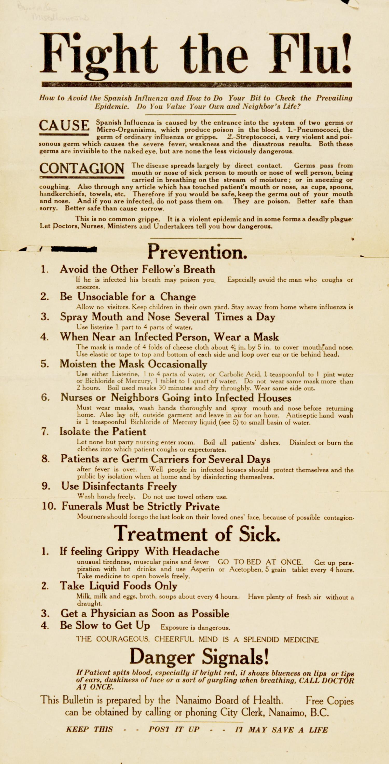 Pamphlet about the Spanish Influenza. It reads: “Fight the flu! How to avoid the Spanish influenza and how to do your bit to check the prevailing epidemic. Do you value your own and neighbor's life?”