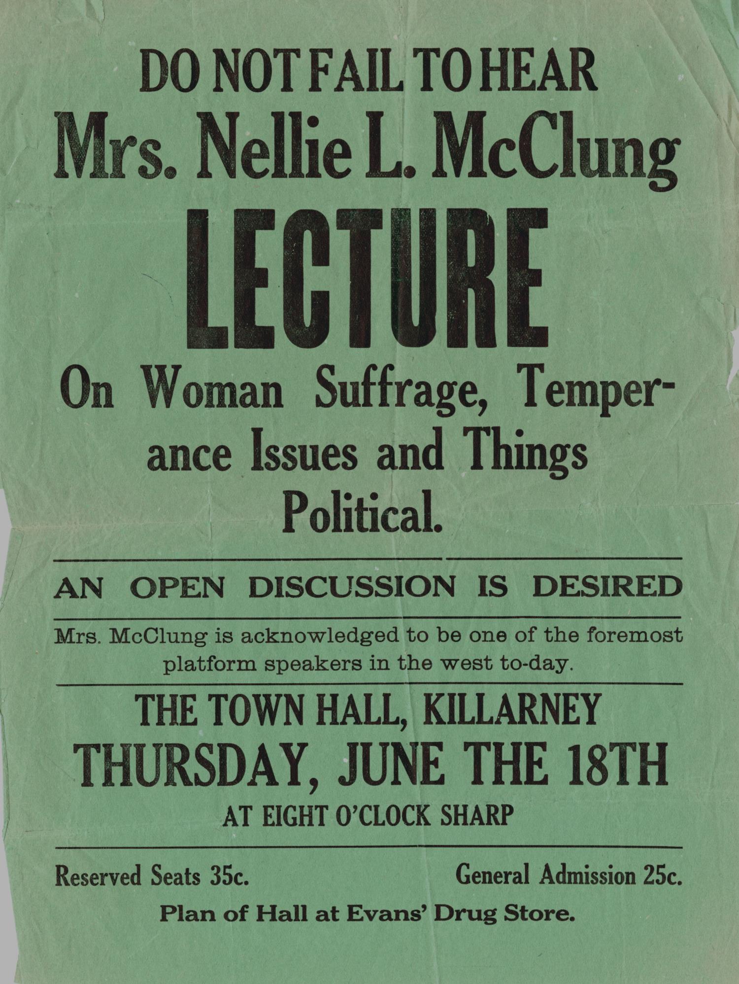 Poster promoting lecture by Nellie McClung