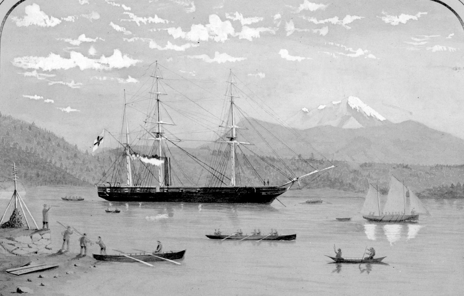 Painting of HMS Plumper in Port Harvey, Johnstone Strait, ca. 1860.