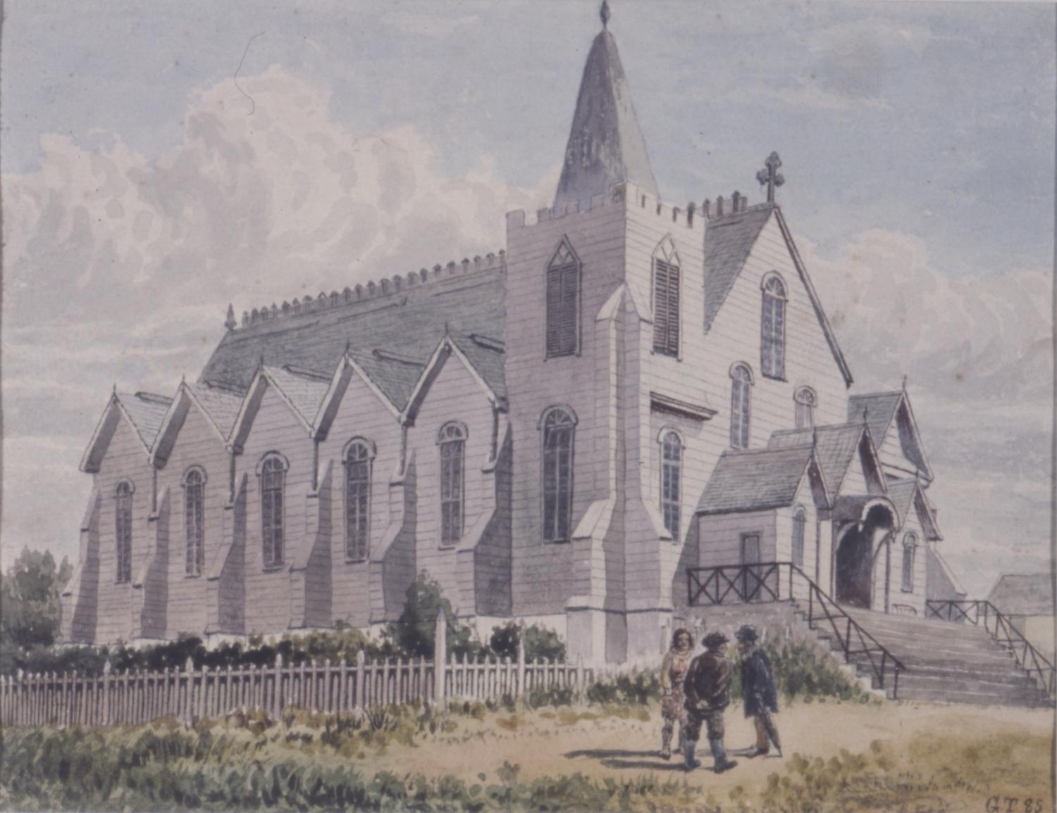 Painting of a white church with figures in the foreground