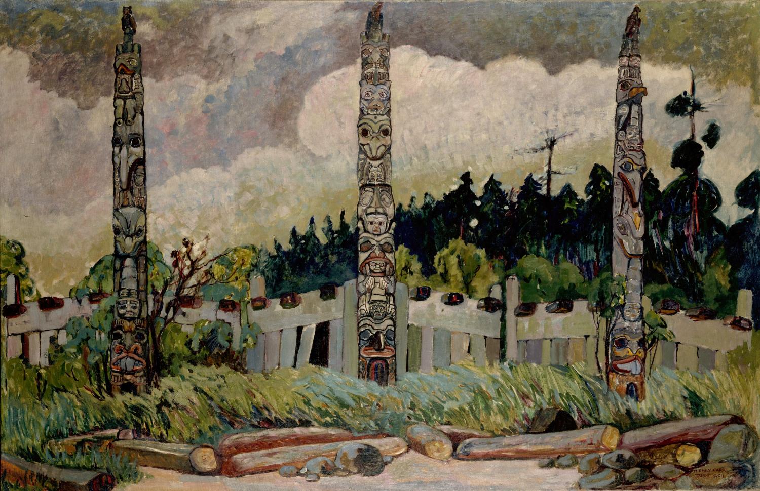 Painting of totem poles in the village of Tanu on Haida Gwaii by Emily Carr.