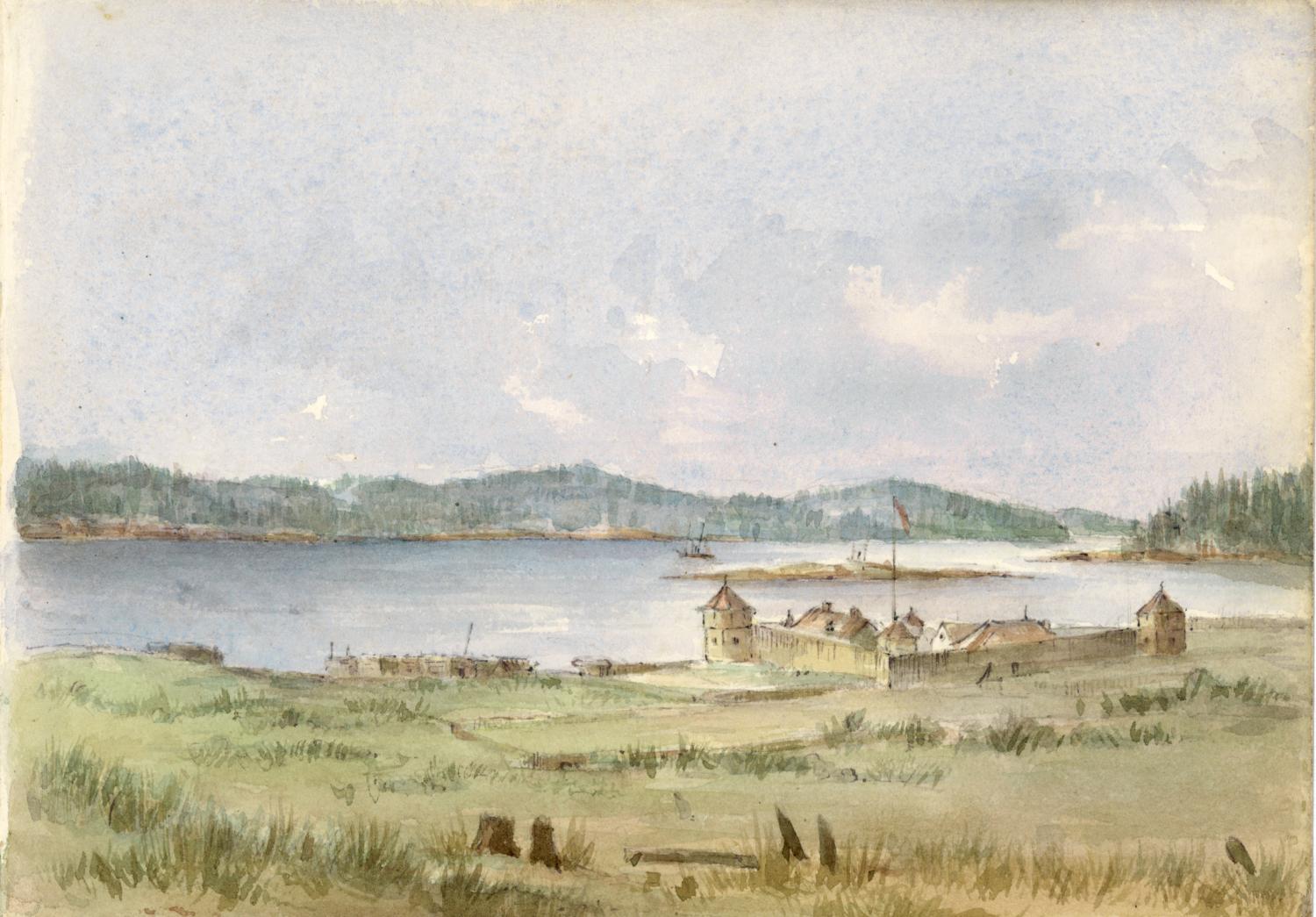 Hudson's Bay Company's establishment at Fort Rupert, with Shell Island and the harbour on the northern side of Vancouver's Island.; Porcher sketchbook.