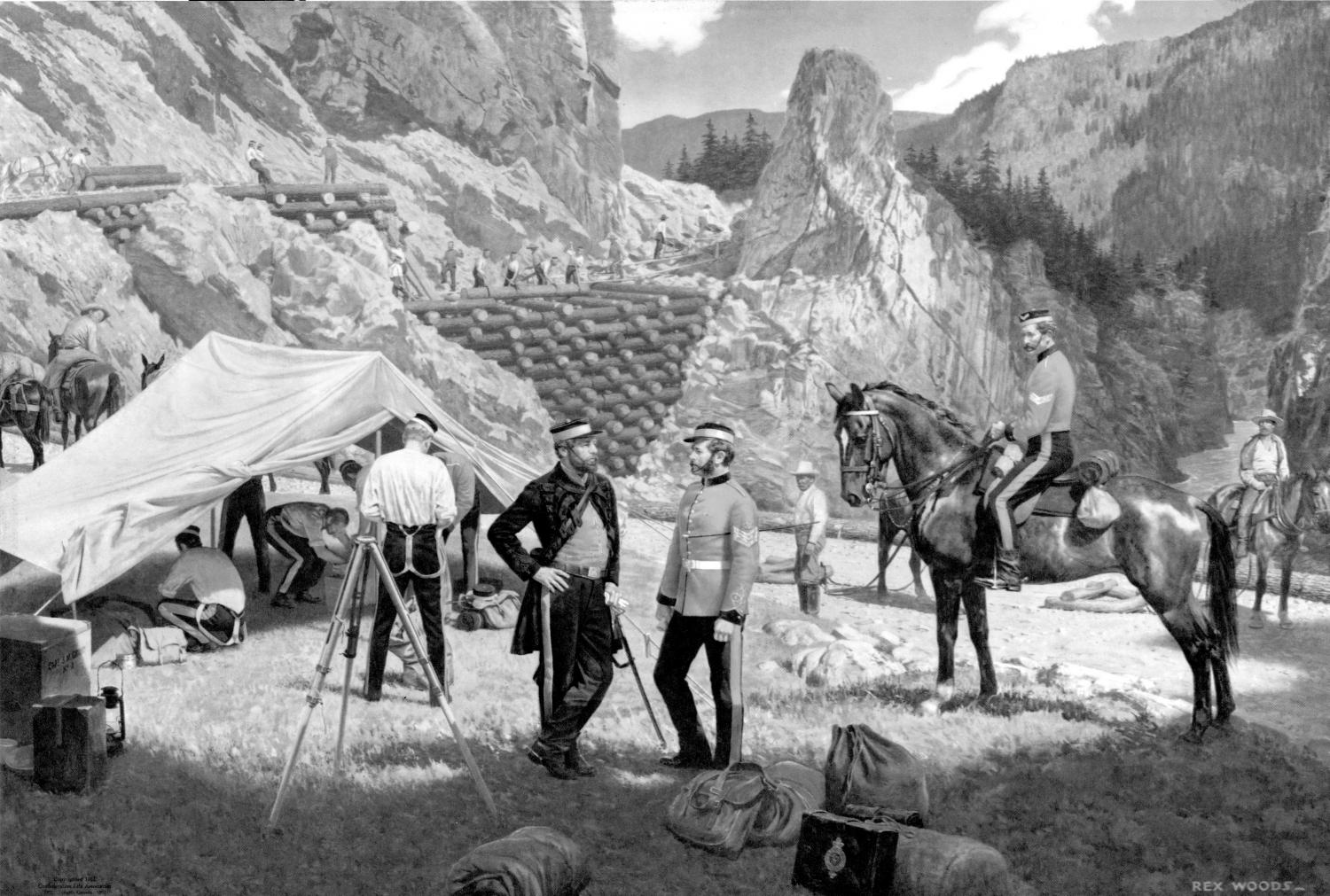 Painting depicting Royal Engineers constructing the Cariboo Wagon Road through Fraser Canyon.