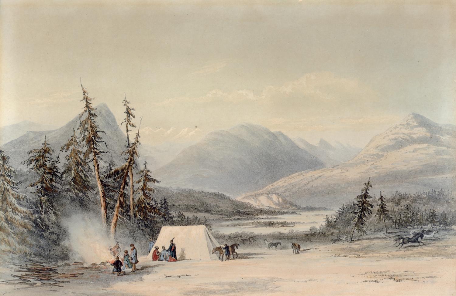 Painting of the Columbia River with the Rockies in the background and a tent with figures in the foreground